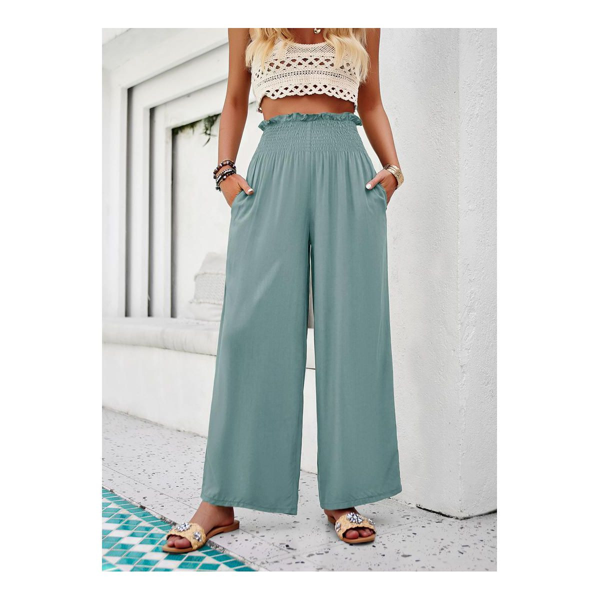 Women Summer Elastic High Waisted Cotton Linen Palazzo Pants Wide Leg Long Lounge Pant Trousers w... | Target