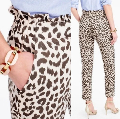 J. Crew Linen Pants Womens Size 10 Pull On Ruffle Waist Leopard Brown Straight  | eBay | eBay US