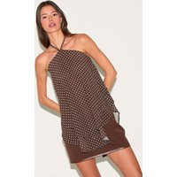 Brown Polka Dot Floaty Chiffon Halterneck Long Top | PrettyLittleThing US