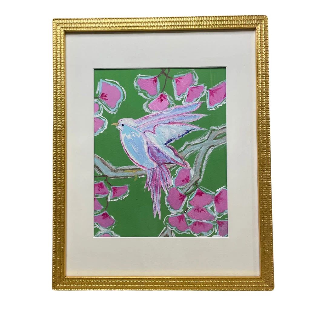 Framed Chinoiserie Green and Pink Hand Painted Bird Print | Etsy (US)