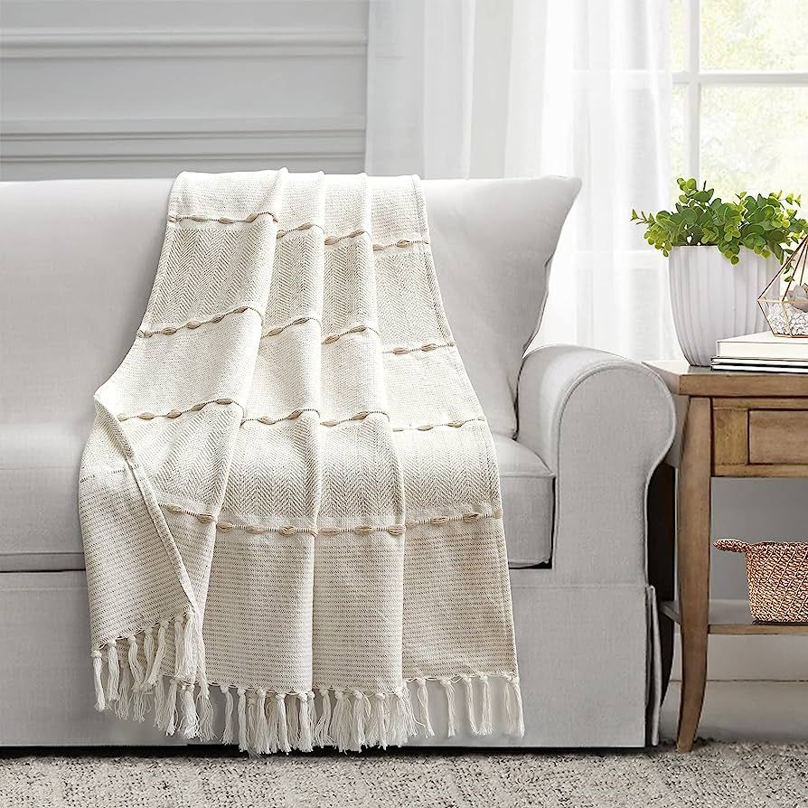 Lush Decor Herringbone Stripe Yarn Dyed Cotton Woven Tassel Blanket, 60" x 50", Neutral & White | Amazon (US)