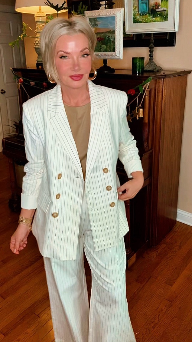 What I love about it:
	•	The tailored blazer gives structure without feeling stiff
	•	The wide leg trousers make it modern and flattering
	•	The subtle stripe keeps it polished but not loud 

Soft structure. Subtle stripe. A suit that says grace with backbone. 🌿✨

#LTKSaleAlert #LTKootd #LTKgrwm
