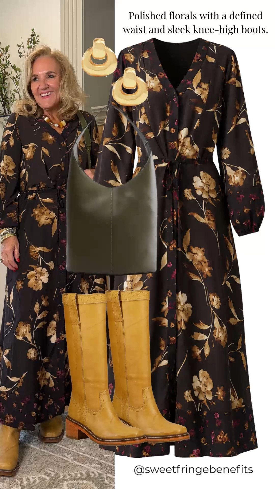 A floral dress with a defined waist is such a beautiful way to dress for fall. The dark floral print feels polished and sophisticated, while the knee-high boots add a little western-inspired style and make the look feel especially versatile. I love how the green and mustard accessories bring out the warm tones in the print.

💡 LTK MADE EASY
❤️ Heart = Support my posts!
🔖 Save = Get sale & restock alerts
📋 Lists = Keep favorites organized
📲 Share = Send lists and products to a friend. Hello, Christmas List!
💬 Comment = Ask me anything about what I'm wearing.:-)

#LTKootd #LTKWedding #LTKOver40