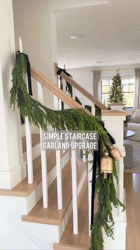 My staircase garland. Norfolk pine garland. Brass bells. Velvet ribbon. Battery operated flameless clip on LED candles from Amazon.

#LTKHoliday #LTKSeasonal #LTKhome