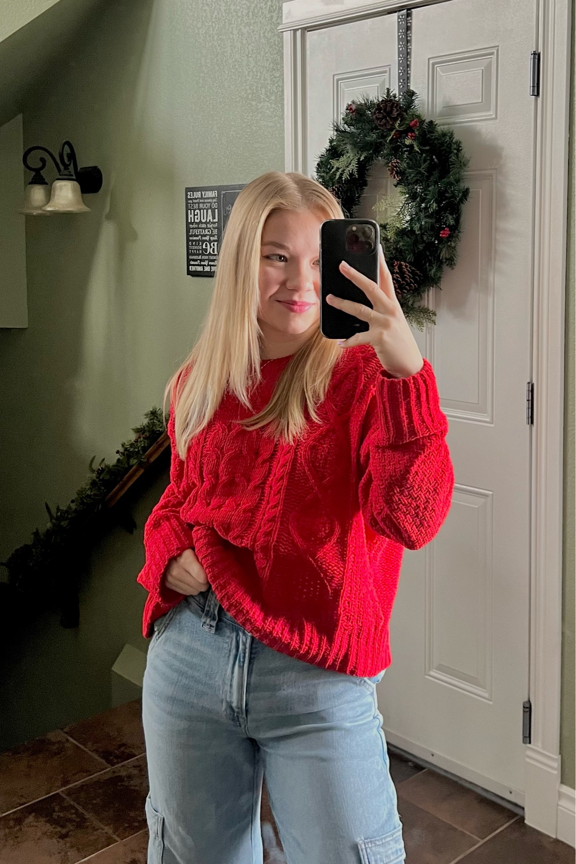 little winter outfit | red knitted sweater with straight cargo jeans 

#LTKSeasonal #LTKstyletip #LTKbeauty