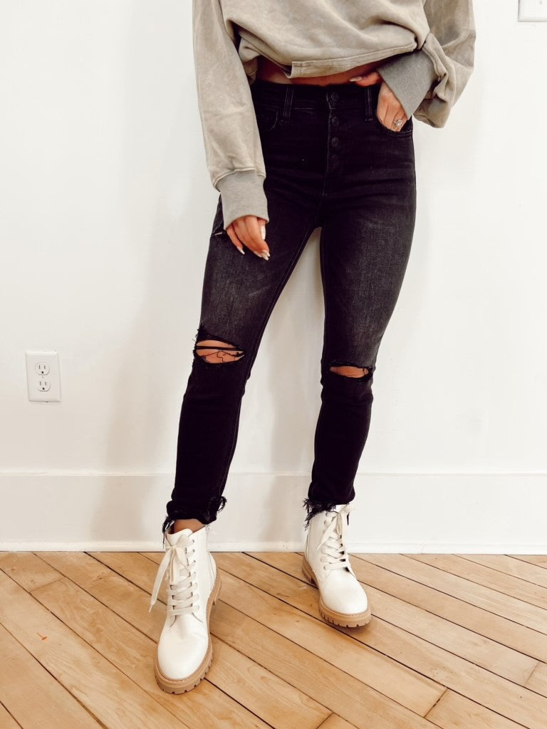 Elsie Distressed Black Denim | She Is Boutique