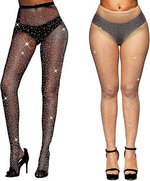 TSHAOUN 2 Pack Rhinestone Fishnet Tights for Women, Stretchy Rhinestone Glitter Tights Sparkly Ti... | Amazon (UK)