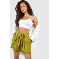 Womens Tie Waist Linen Look Short - Green - 2 | boohoo (US & Canada)