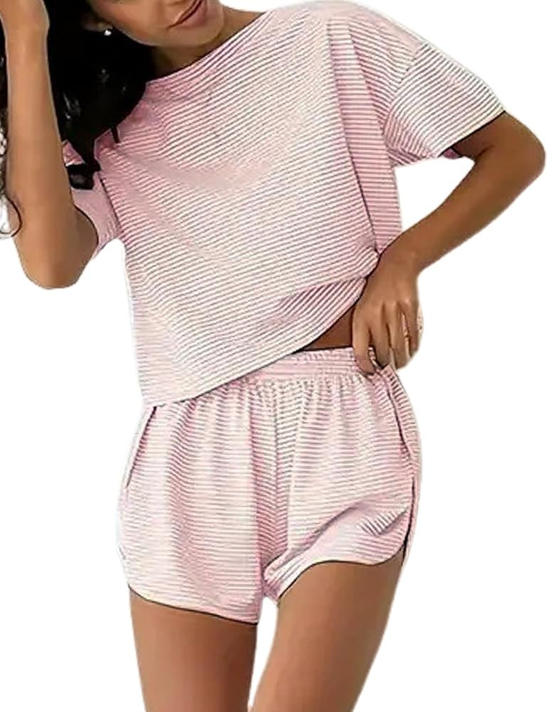 Yimoon Womens 2 Piece Pajama Set Striped Short Sleeve Crop T-Shirt and Split Shorts Soft Lounge S... | Amazon (US)