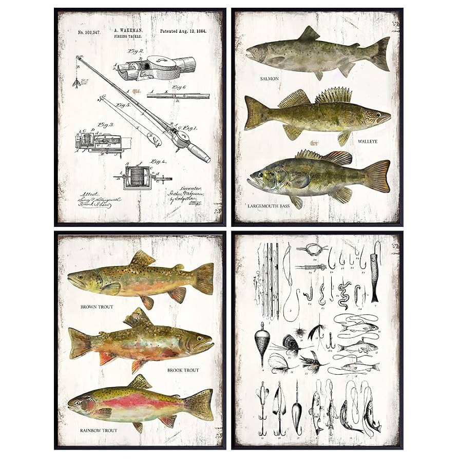 Fishing Accessories Patent Print, Rod, Reel, Lures Wall Art Set - Lake or Mountain House Decor fo... | Amazon (US)