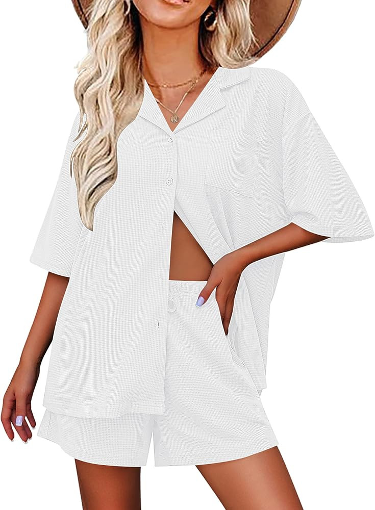 Ekouaer Pajamas for Women Button Up Lounge Set Waffle Knit Loungewear Short Sleeve Pjs 2 Piece Sl... | Amazon (US)