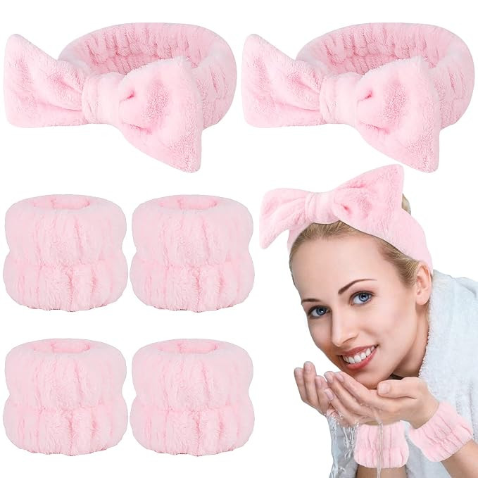 Casoty 6 Pcs Pink Spa Headband and Wristband Set, Microfiber Material, Strong Elasticity, Wide Ap... | Amazon (US)