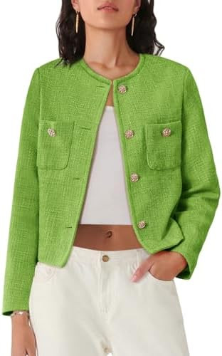 Women's Tweed Blazers Long Sleeve Business Button Down Casual Cropped Blazer Jackets with Pockets | Amazon (US)