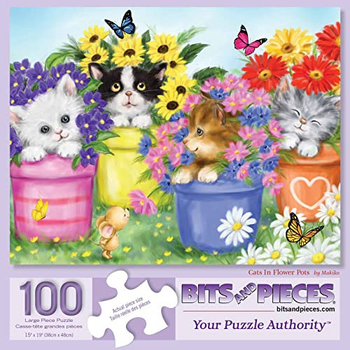 Bits and Pieces – Large 100 Piece Jigsaw Puzzle for Adults – Cats in Flower Pots - Kitten Colorful Bloom Butterfly Sweet Cute Garden Jigsaw Puzzle by Makiko, Completed Puzzle Size: 15" x 19"