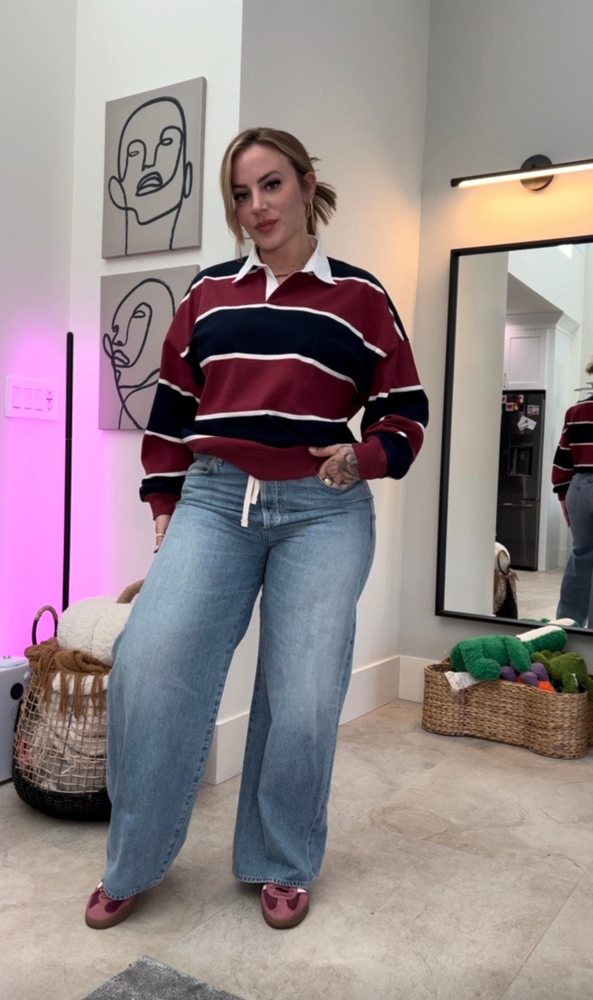 Comfy long sleeve rugby striped shirt, with drawstring jeans and some Adidas gazelle shoes! 

#LTKStyleTip #LTKMidsize #LTKSeasonal