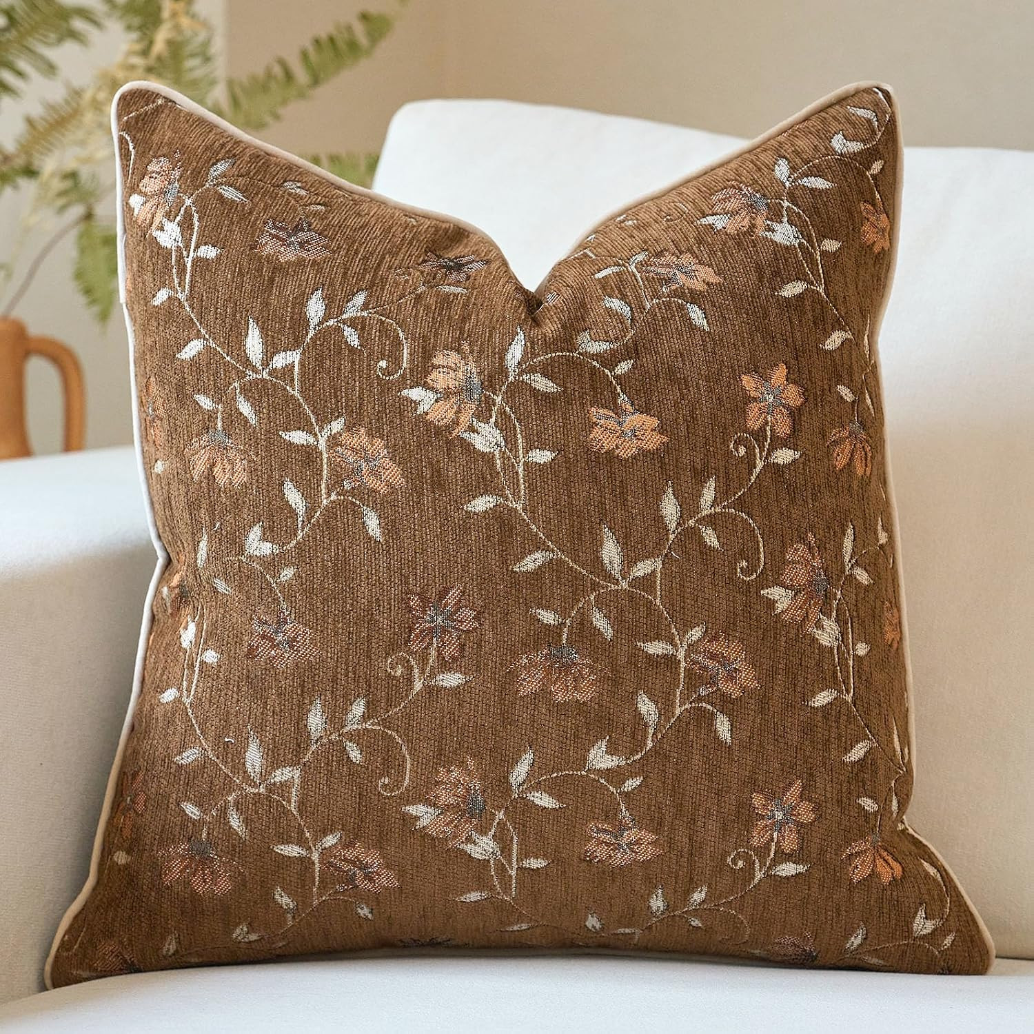 Brown Fall Floral Throw Pillow Cover 20x20 Inch Vintage Flower Pillow Cover Farmhouse Cushion Cover Neutral Outdoor Chenille Pillowcase Home Decor for Couch Sofa Bedroom Living Room | Amazon (US)