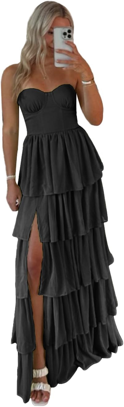 Lawrncedw Strapless Ruffles Prom Dress Tiered Bridesmaid Dresses Sweetheart Chiffon Long Formal Evening Gown with Slit | Amazon (US)