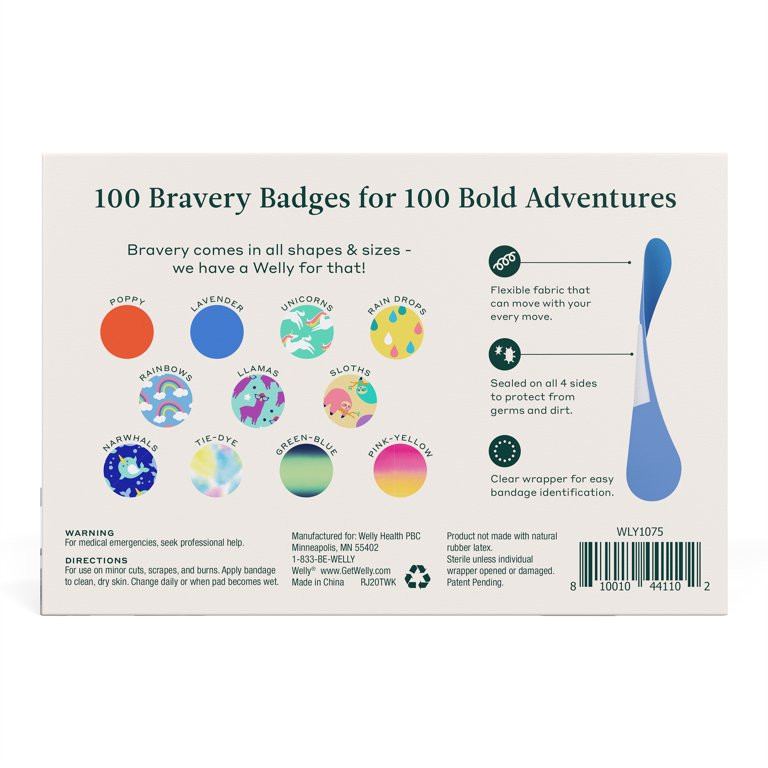 Welly Bravery Badges, Assorted Flex Fabric Bandages, Assorted Colors and Patterns, 100 Ct | Walmart (US)