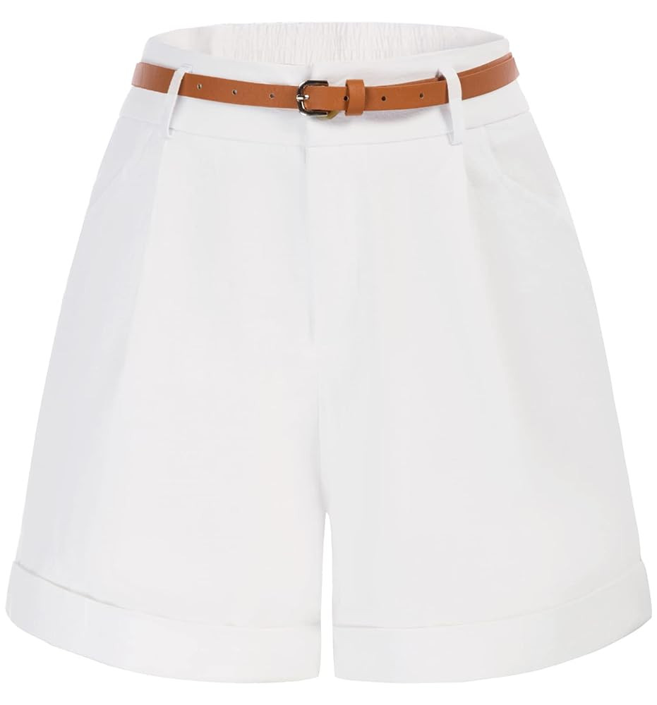 Belle Poque Women Bermuda Shorts Elastic Waist Wide Leg Shorts with Pockets & Belts | Amazon (US)