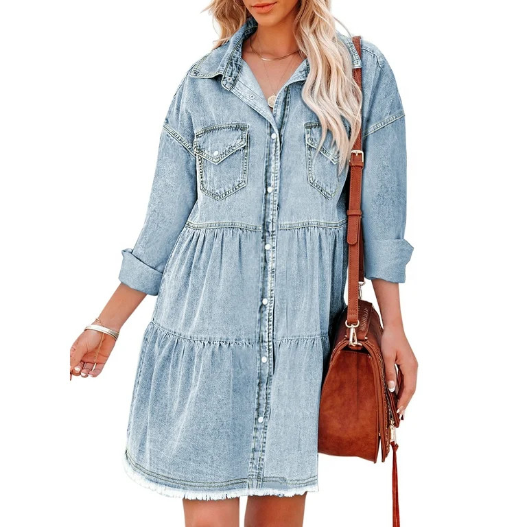 EVALESS Raw Hem Denim Dresses for Womens Long Sleeve V Neck Casual Loose Button Down Mini Dresses | Walmart (US)