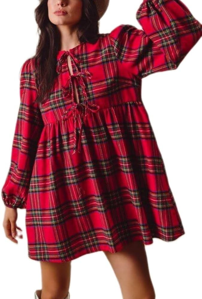 Women Plaid Tunic Dress Long Sleeve Gingham Bow Tie Ruffle Hem Babydoll Dress Christmas Mini Dres... | Amazon (US)