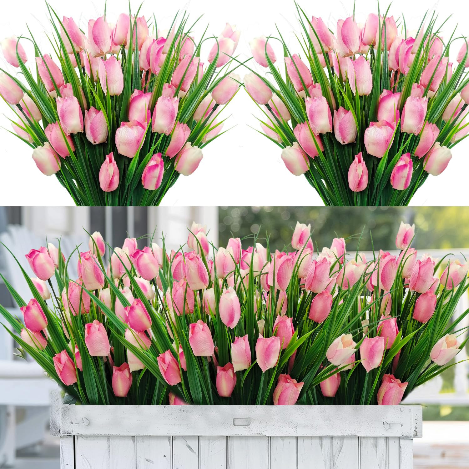 12 Bundles 60 Heads Artificial Tulips Fake Flowers Outdoor UV Resistant Silk Tulip Faux Plastic G... | Amazon (US)