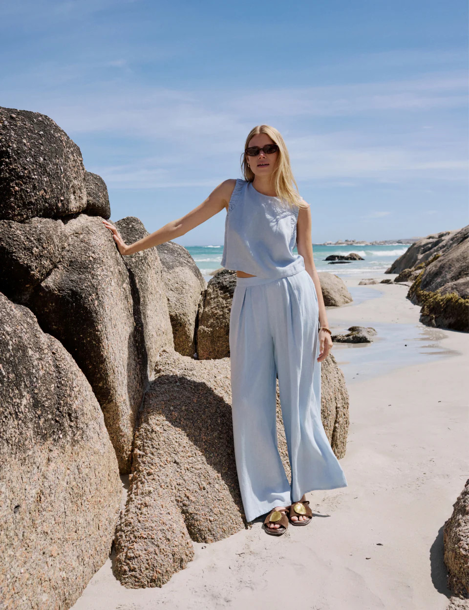 Light Blue Linen-Blend Wide Leg Trousers | Nobody's Child