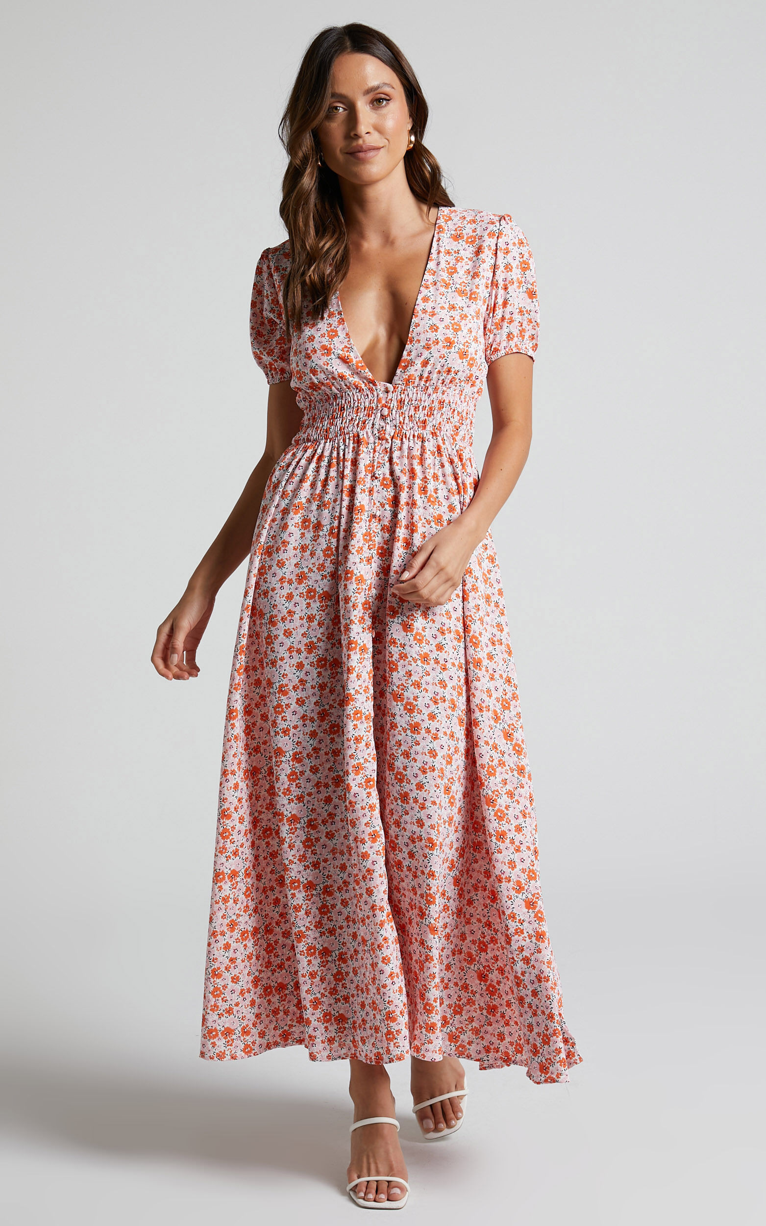 Elenita Short Sleeve Shirred Waist Maxi Dress in Pink Floral | Showpo (US, UK & Europe)