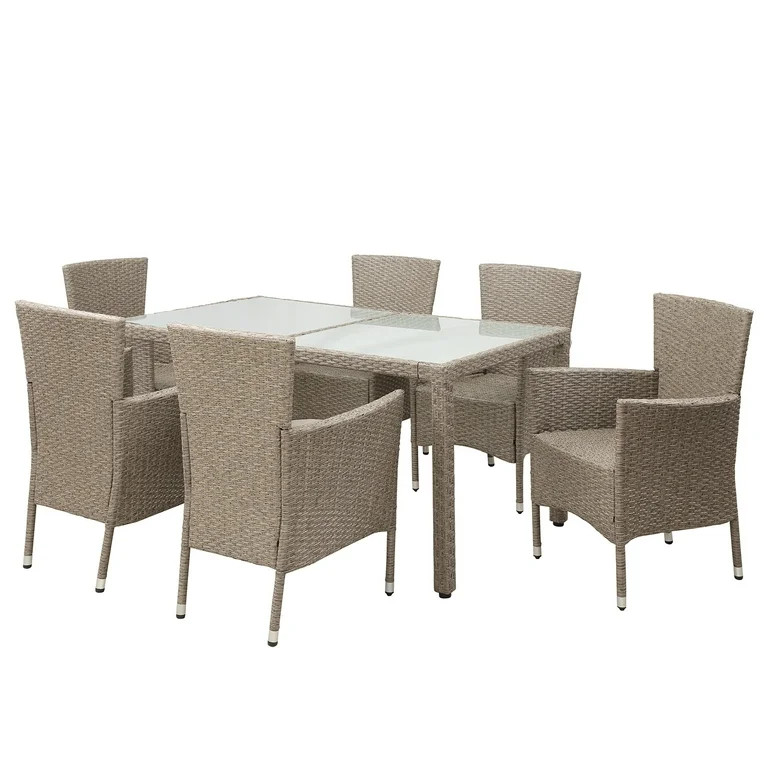 Outdoor Wicker Dining Set, 7 Piece Patio Dinning Table Beige-Brown Wicker Furniture Seating (Beig... | Walmart (US)