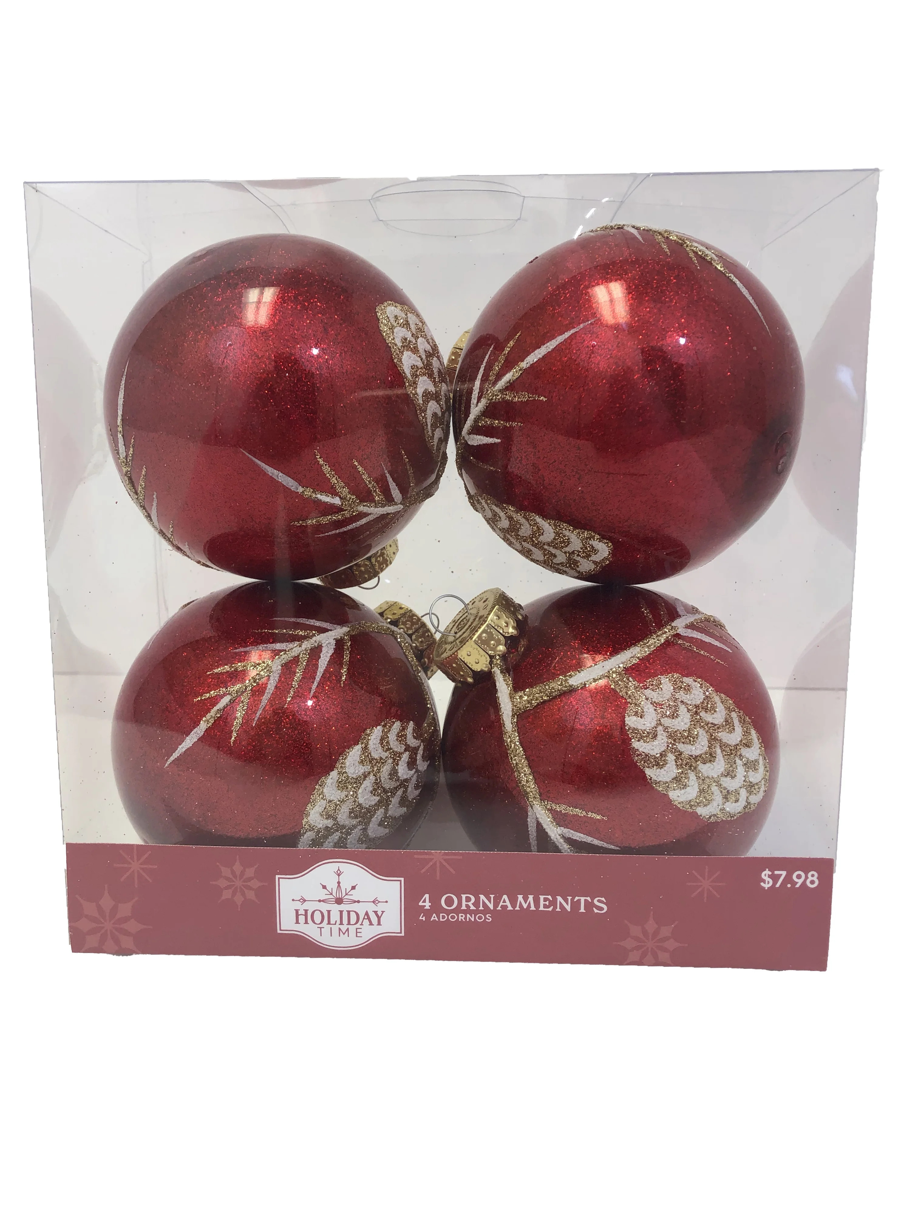 Holiday Time Glitter Ball with Pinecone Design Christmas Ornaments, Red Gold, 4 Count | Walmart (US)