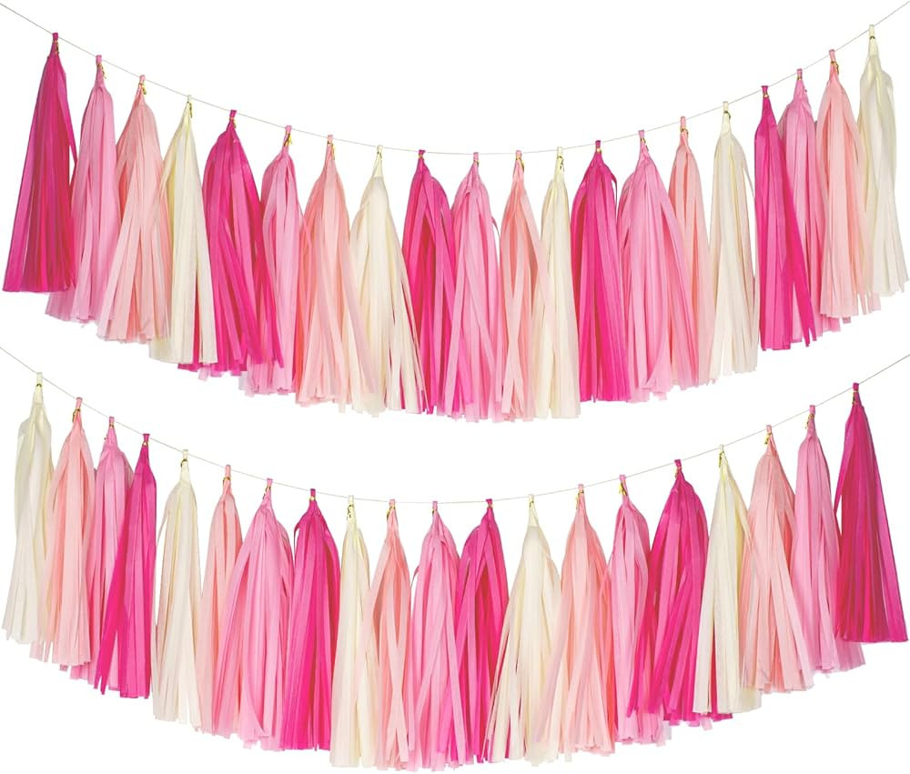 jijAcraft 20Pcs Hot Pink Paper Tassel Garland Banner, DIY Pink Fringe Garland for Mother's Day Pa... | Amazon (US)