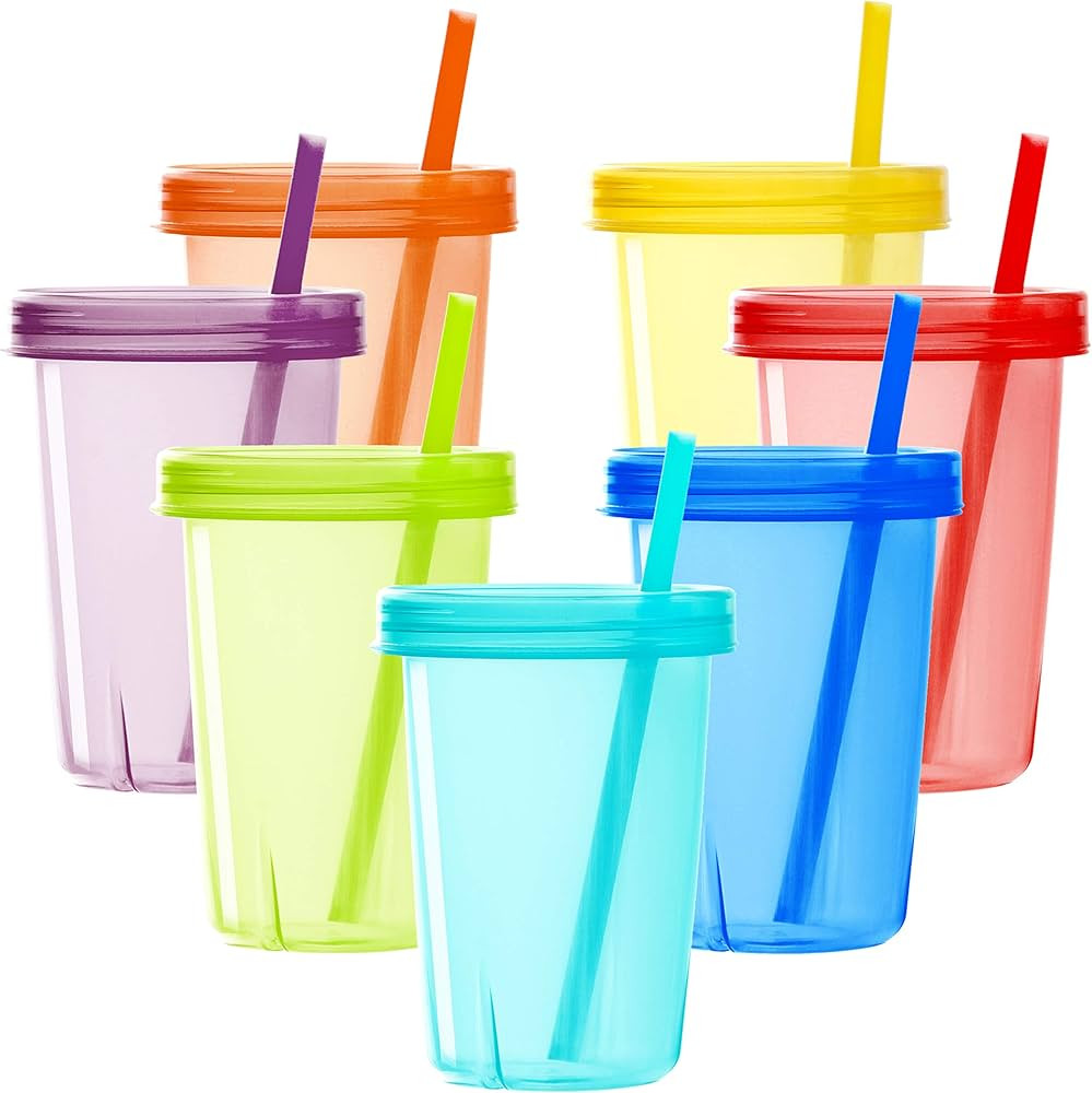 Youngever 7 Sets Plastic Kids Cups with Lids and Straws, 7 Reusable Toddler Cups with Straws in 7... | Amazon (US)