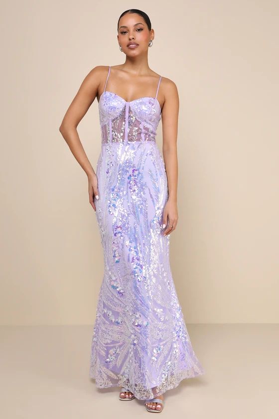 Perfection Seeker Lavender Iridescent Sequin Bustier Maxi Dress | Lulus