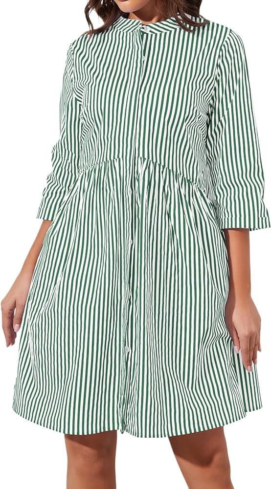 Womens Striped Shirt Dresses Casual Button Down Collared Tunic Blouse Mini Dress Loose Fit 3/4 Sl... | Amazon (US)