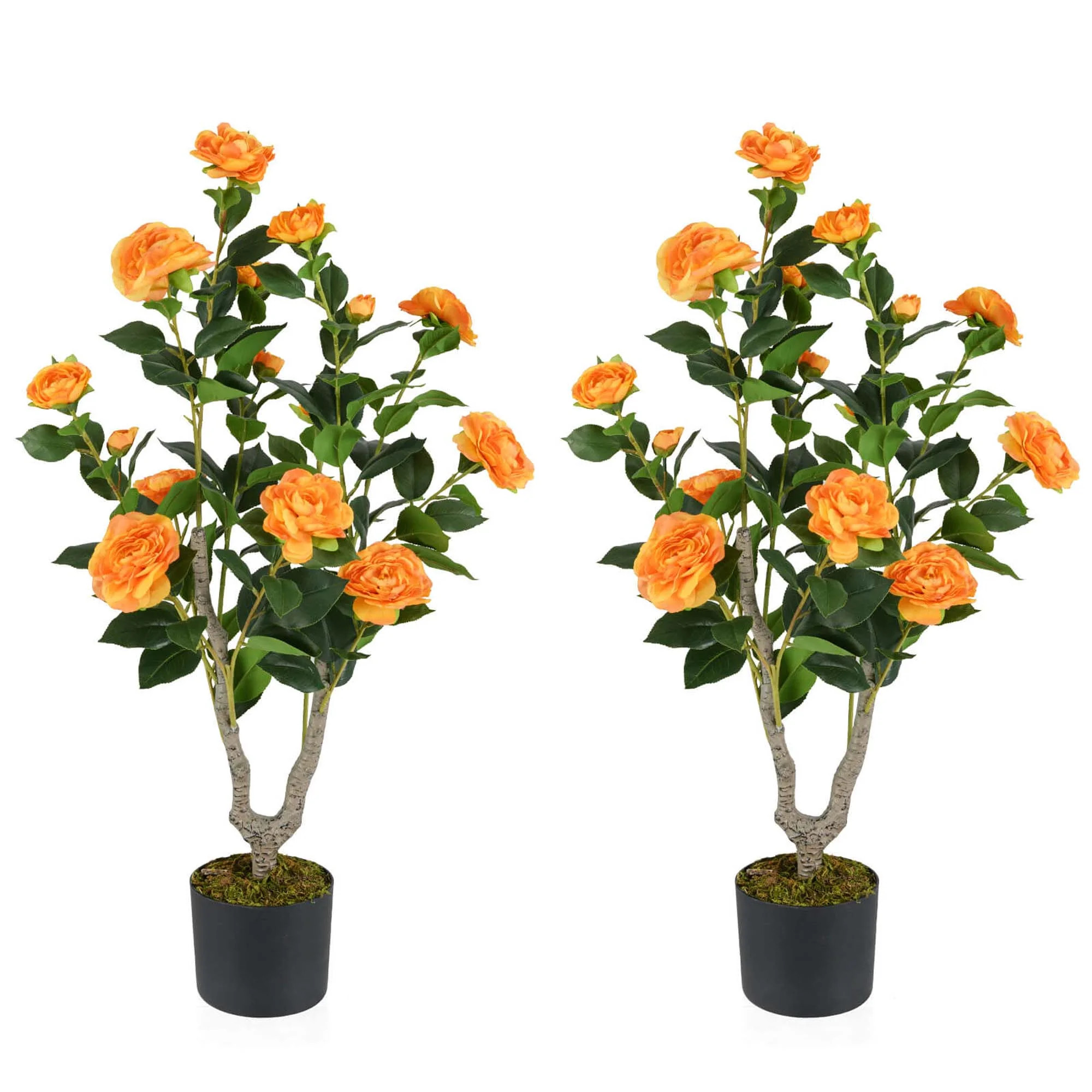 Costway 2 PCS 36" Artificial Camellia Tree Fake Potted Tree Greenery Floral Plant Modern Orange | Walmart (US)