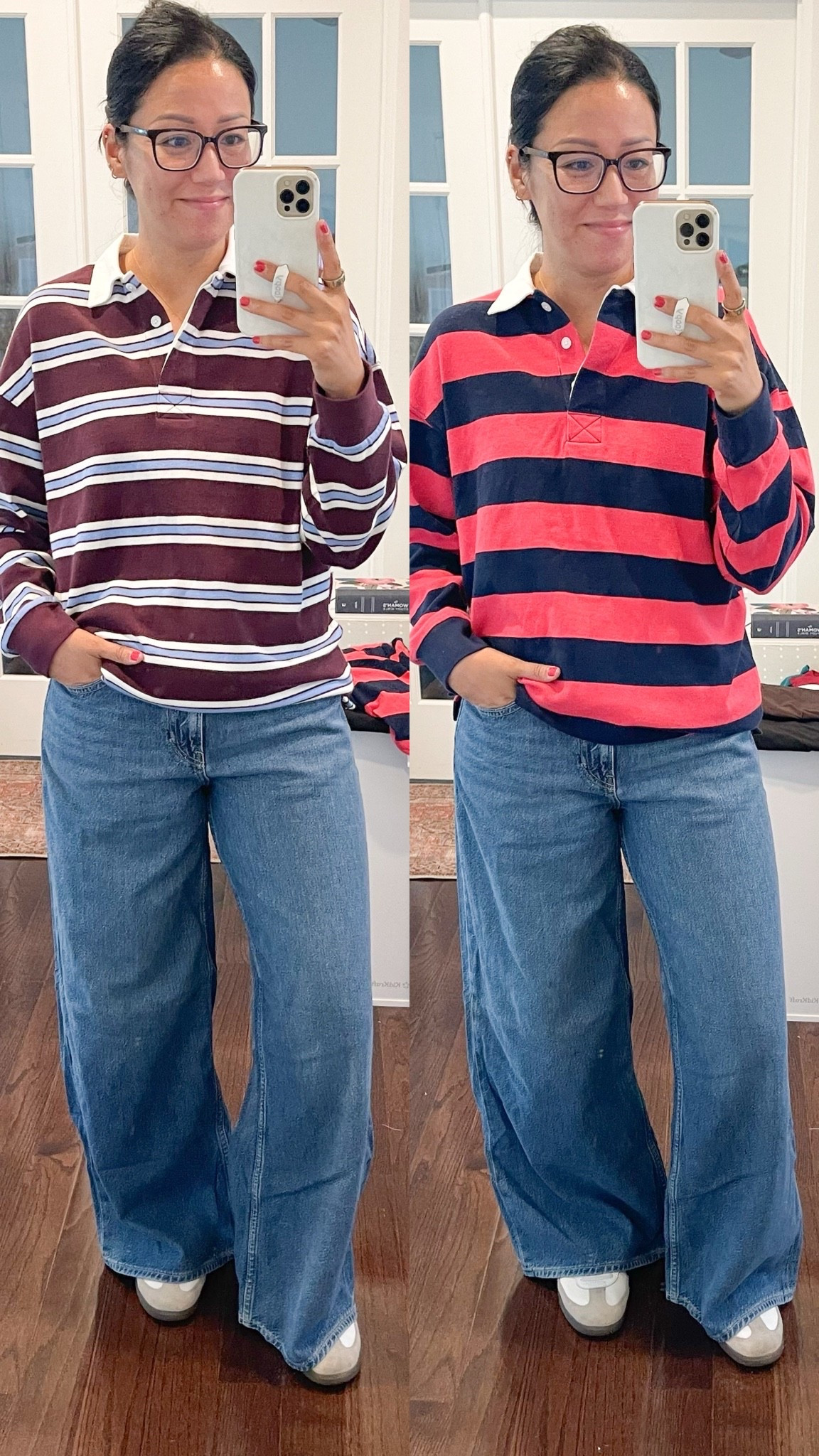 Size XS rugbys
Size 4 regular jeans 
Sized down 1/2 in Sambas

#LTKOver40 #LTKSeasonal #LTKPetite