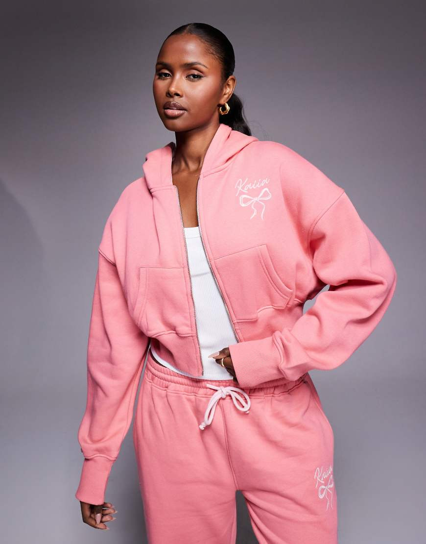 Kaiia embroidered bow logo cropped zip up hoodie in coral and baby pink - part of a set-Multi | ASOS (Global)