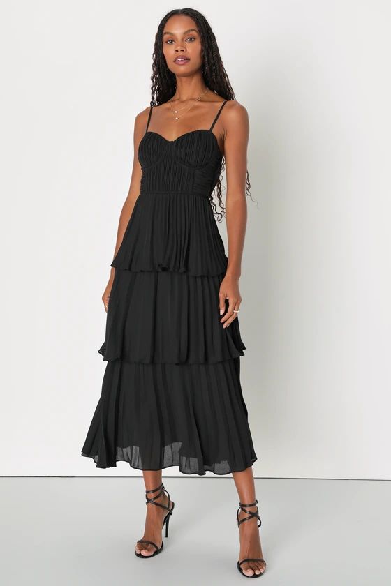 Cascading Crush Black Tiered Bustier Midi Dress | Lulus (US)