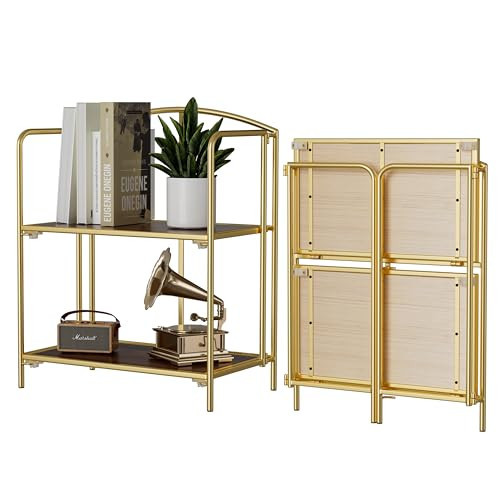 Crofy No Assembly Folding Bookshelf for Living Room, 2 Tier Gold Collapsible Book Shelf for Home Office, Portable Bookcase Storage Organizer | Amazon (US)