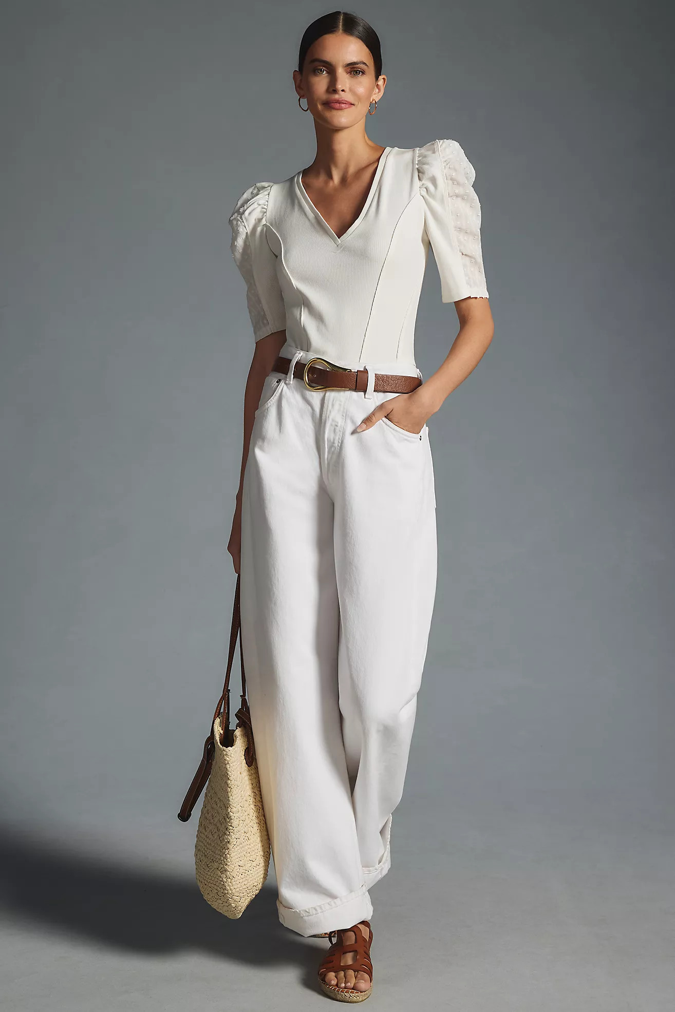 By Anthropologie Puff-Sleeve Structured V-Neck Tee | Anthropologie (US)