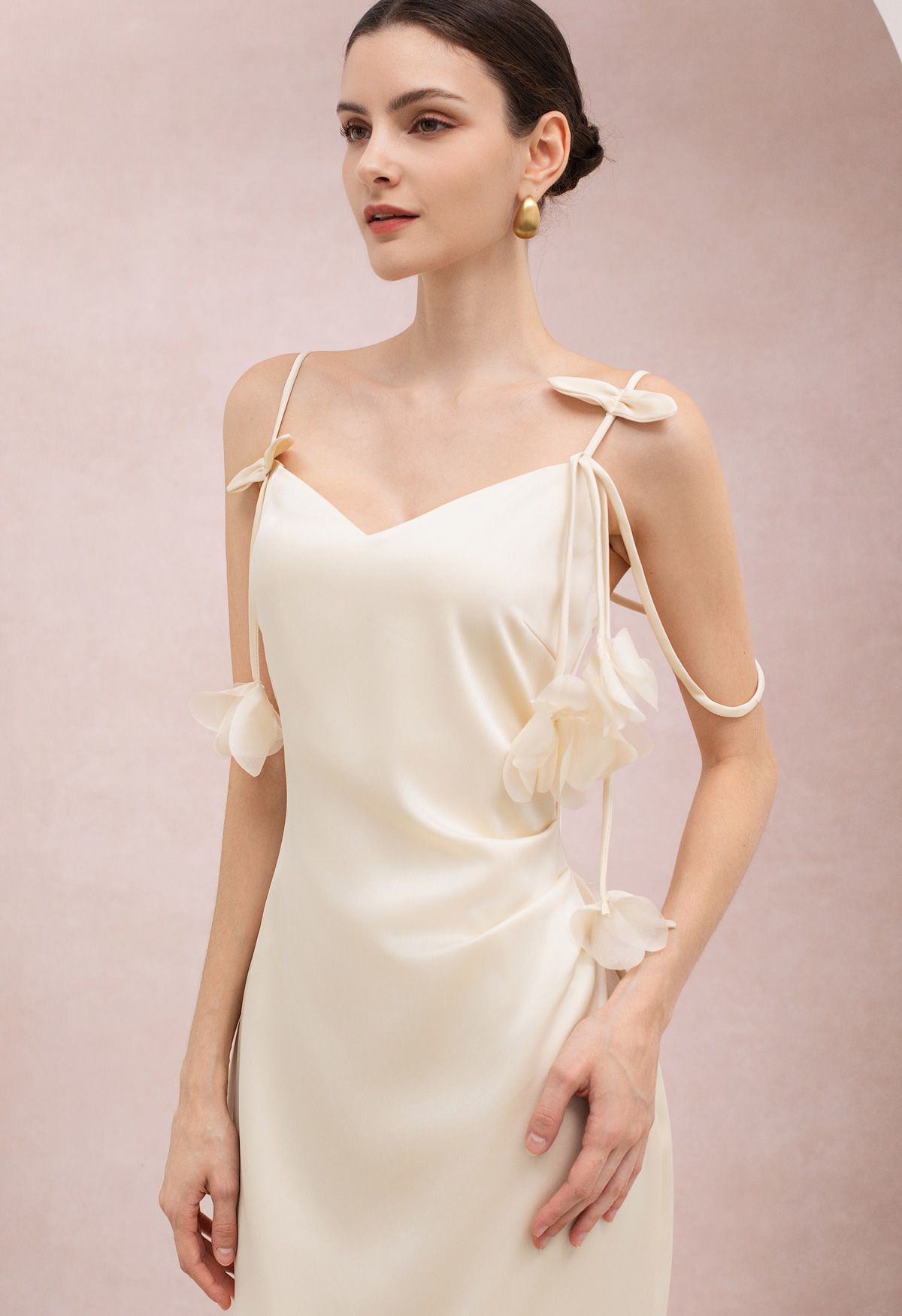 Petal Applique Draped Strap Satin Maxi Dress in Ivory for Cocktail Parties & Evening Dinners | Chicwish