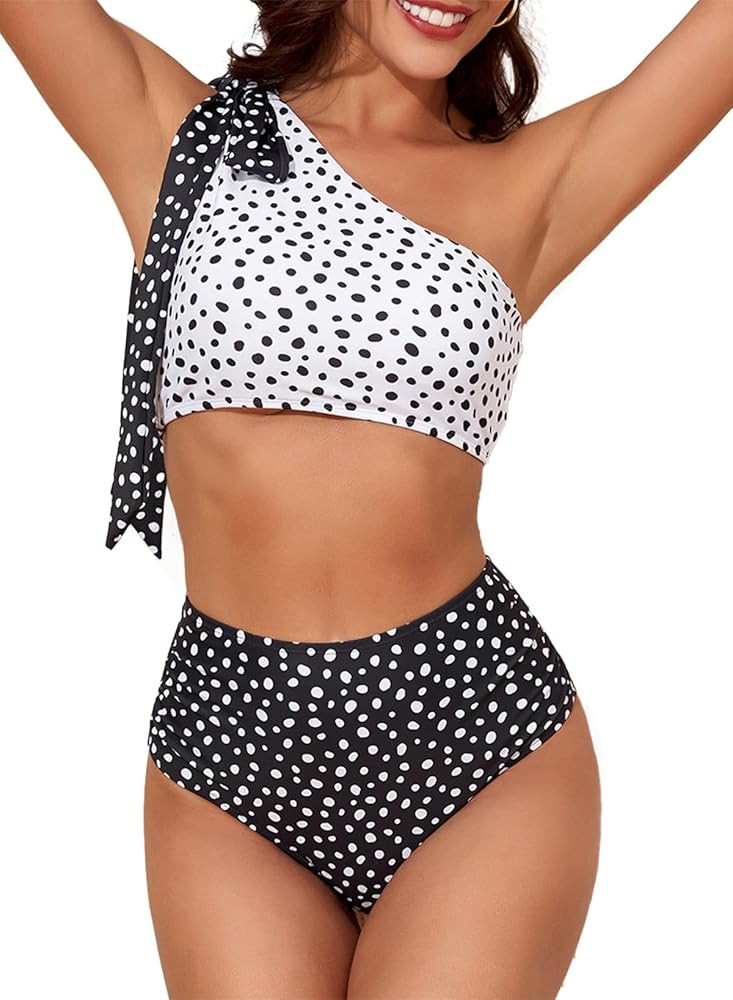 Herseas Women's One Bow Shoulder Bikini Sets 2 Piece Ruched Swimsuit Elegant Bathing Suit | Amazon (US)