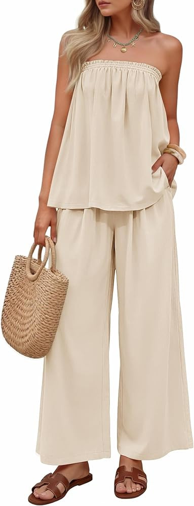ZESICA Women's Summer 2 Piece Sets 2026 Spring Casual Strapless Tube Top Wide Leg Pants Ruffle Be... | Amazon (US)