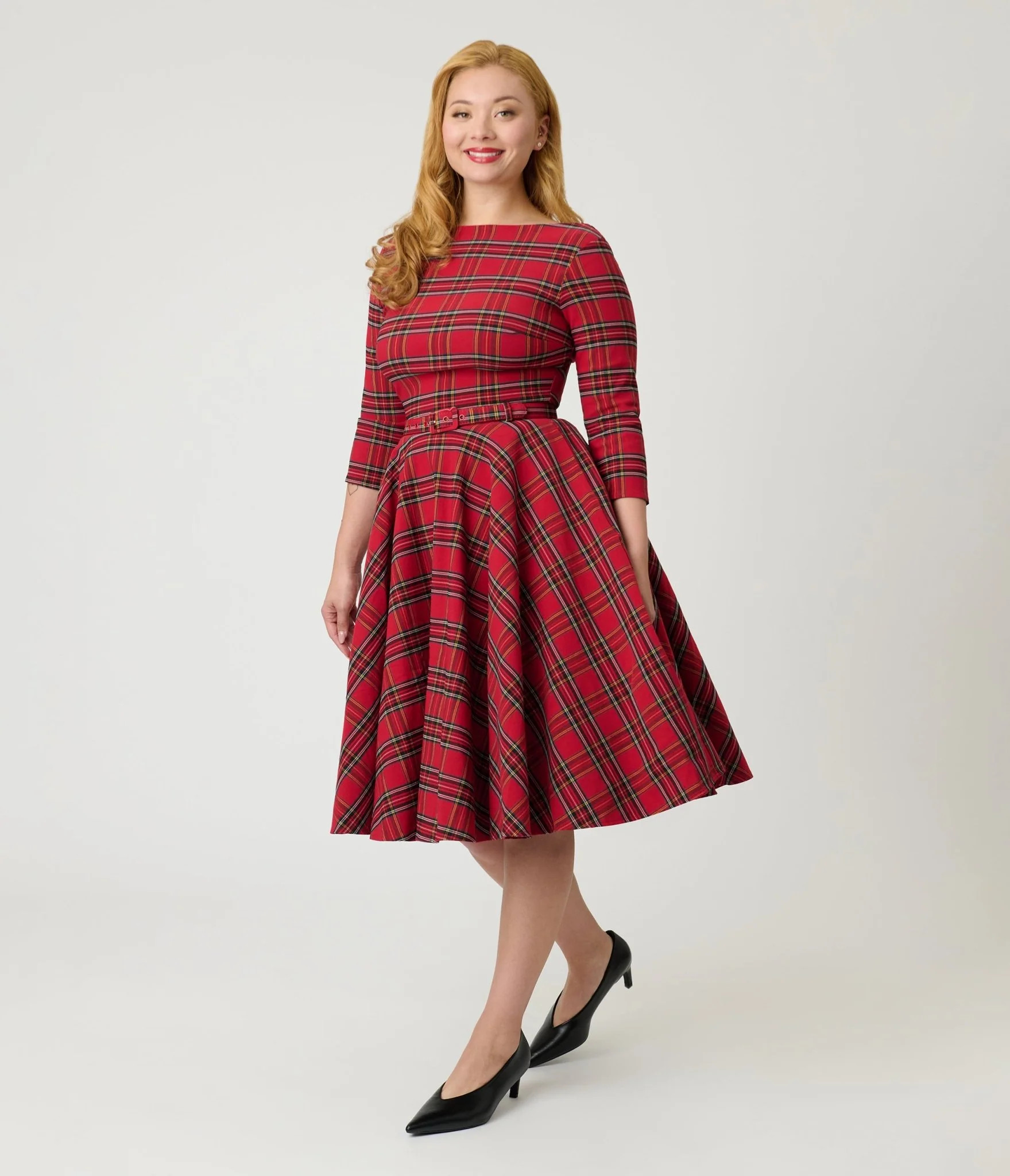Unique Vintage Red Plaid Sleeved Devon Swing Dress | UniqueVintage