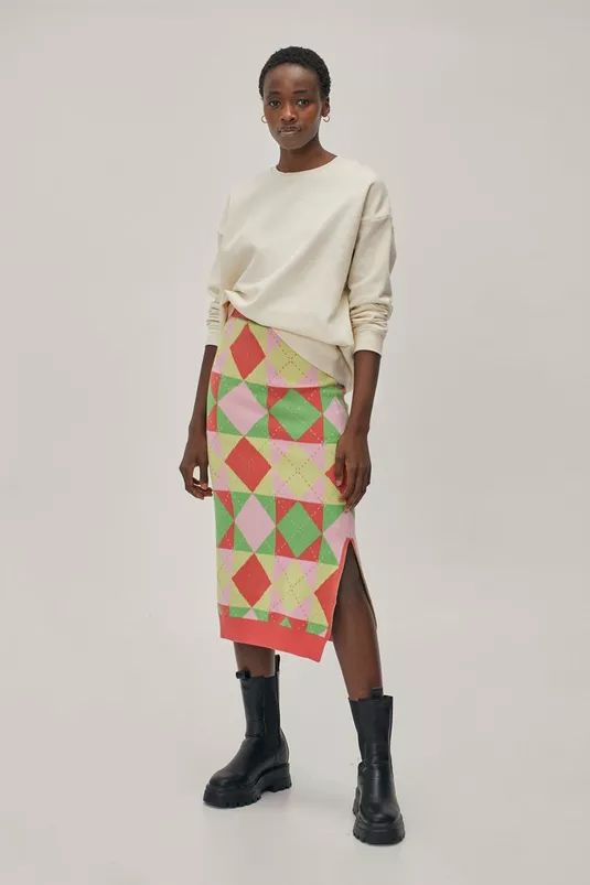 Square Design Argyle Knit Split Hem Midi Skirt | NastyGal (UK, IE)