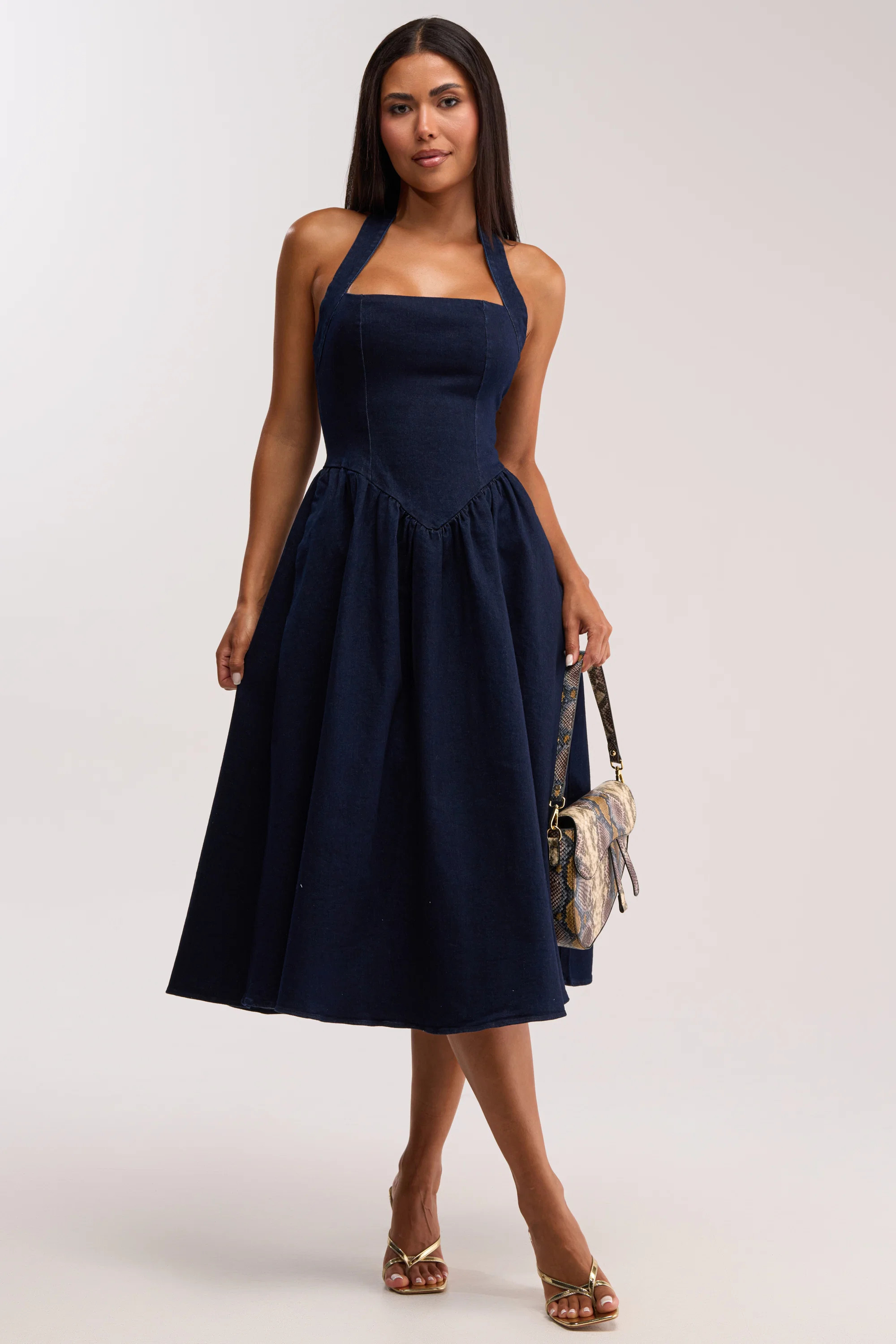 MISS INDEPENDENT DENIM HALTER MIDI DRESS | AKIRA