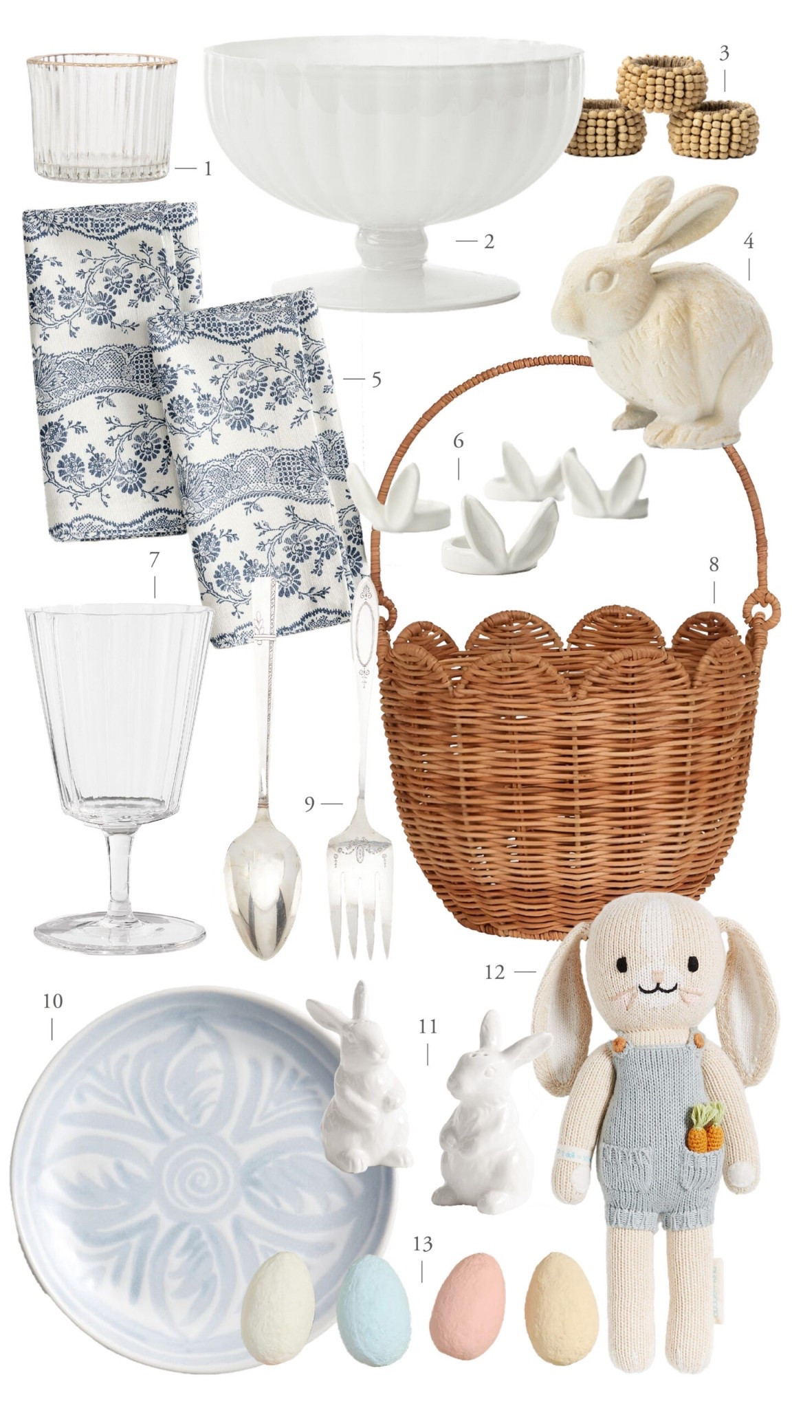 A collection of timeless Easter decor and spring entertaining pieces I return to year after year.

From gold rim votives and fluted glass goblets to blue stoneware plates, rattan baskets, bunny accents, cotton mache eggs, vintage serving utensils, and beautiful napkin rings. Classic spring table and home decor you can mix, match, and style throughout the season.