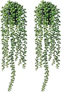 FUNARTY 2pcs Faux Plants Indoor — Artificial String of Pearls Plant in Black Pots, Realistic Gr... | Amazon (US)