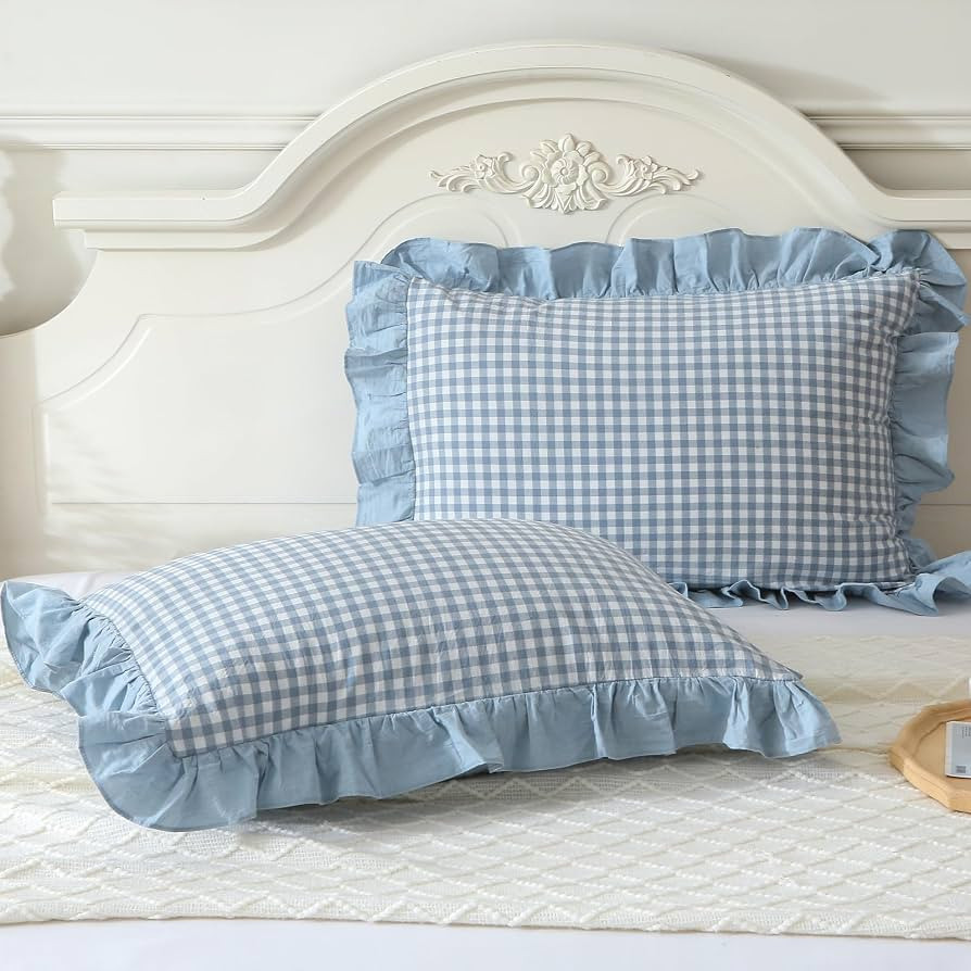 Blue Plaid Ruffle Pillow Shams Standard Size Set of 2,Shabby Checkered Washed Cotton Pillow Cover... | Amazon (US)