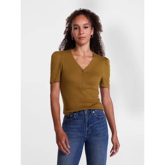 Scenario Women's V-Neck Henley Top with Short Puff Sleeves, Sizes XS-XXXL | Walmart (US)